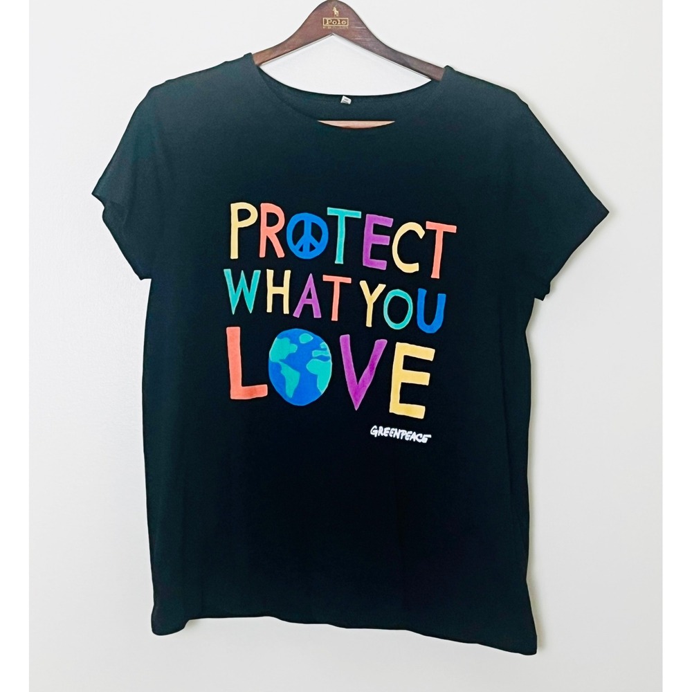 Greenpeace Graphic T-Shirt Women Size 16 Black Protect What‎ You Love Eco Peace
